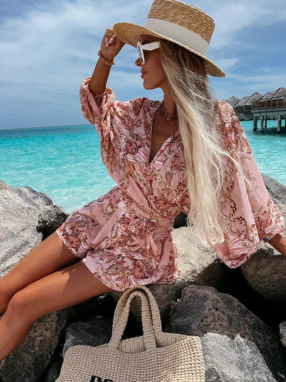 Boho Chic V-Neck Lantern Sleeve Romper