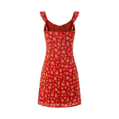 French Vintage Red Floral Print Dress