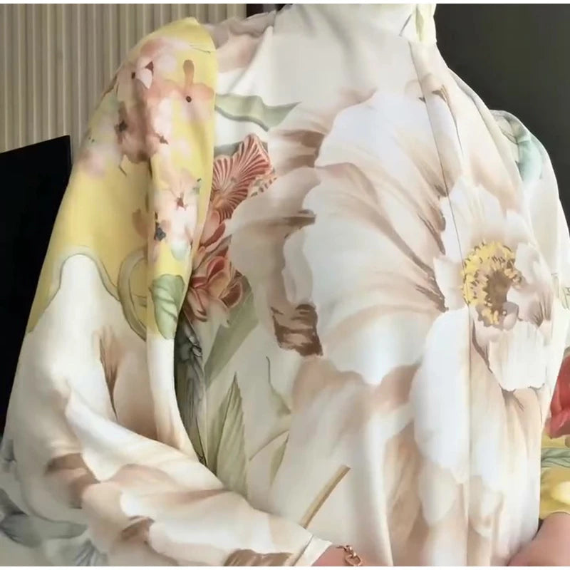 Floral Print Women Dress Button Down Mock Neck Maxi Dresses Long Lantern Sleeve A-Line Waist Belt Flared Hem Elegant Streetwear - Shellss