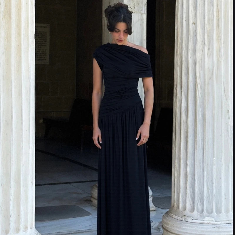 Hugcitar One Shoulder Ruched Sleeveless Solid Pleated Sexy Irregular Y2K Maxi Dress Summer Elegant Party Women Clothes Vacation - Shellss