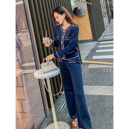 Luxury Elegant Trousers Suit Knitted Bright Cardigan set