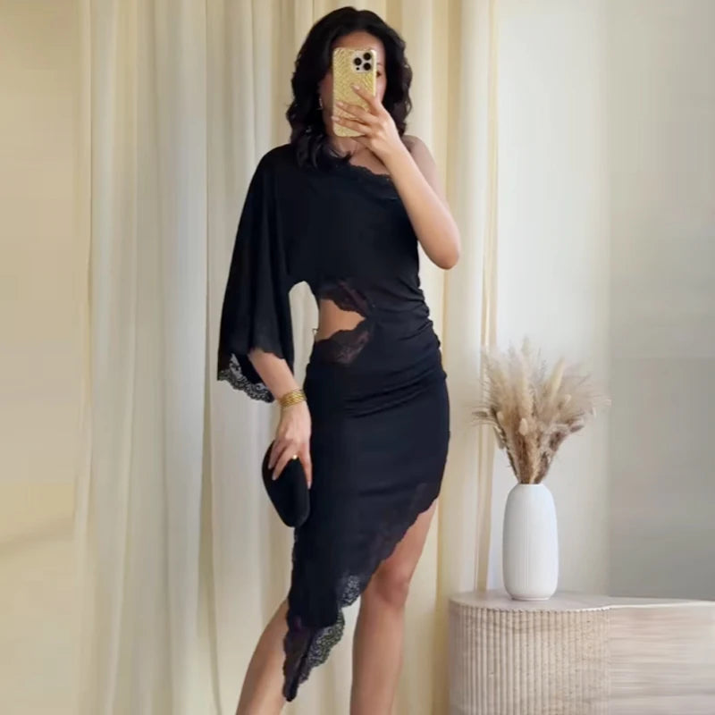 HXAO Black Asymmetric Lace Dresses Women's Dress Summer 2026 Sexy Midi Off Shoulder Cut Out Ruched Vestido Chic Evening Dresses