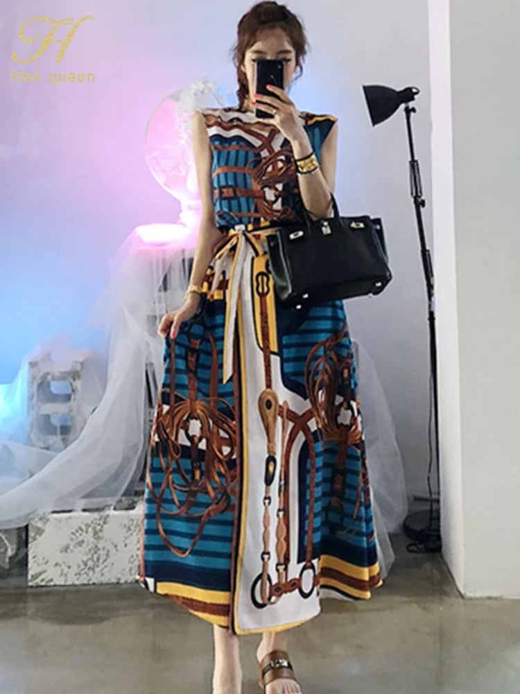 H Han Queen Hot Sales Korean Women's Summer Sexy Prints Work 2 Pieces Set Sleeveless Tops & A-Line Long Skirt Korean Skirt Suit