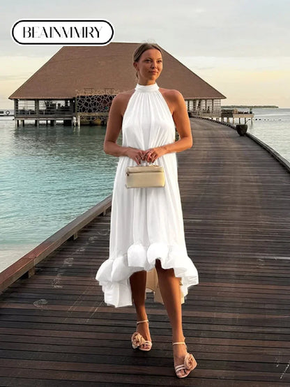 Chic White Round Neck Sleeveless Long Dress Elegant Off-the-shoulder Irregular Hem Gown New Female Summer Beach Club Vestidos