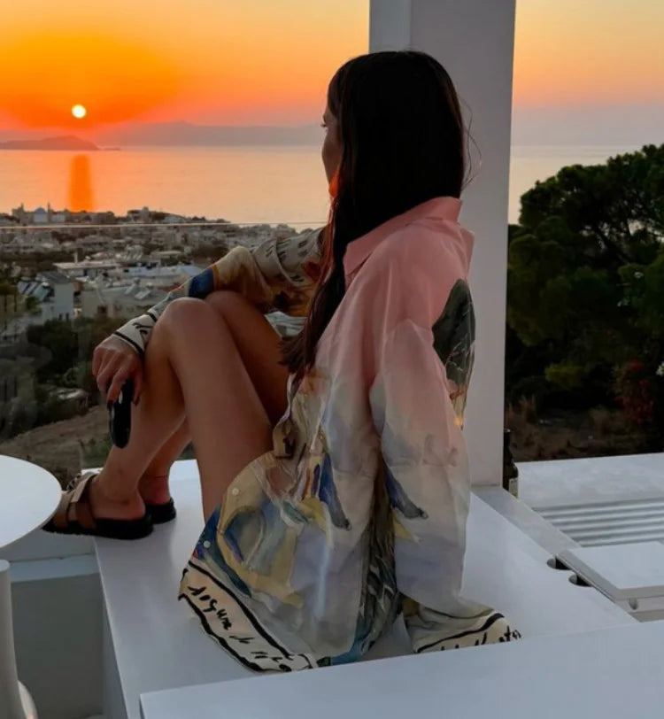 Ladies Fashion Casual Matching Outfit Daily Vacation Wear Women Autumn New Printed Shirt and Shorts Two Piece Set - Shellss