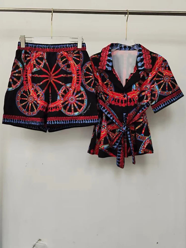 Elegant Retro Wheel Print Two-Piece Suit for Women Short Sleeve Lapel Lace-Up Shirt with Elastic Waist Shorts Summer Fashion - Shellss