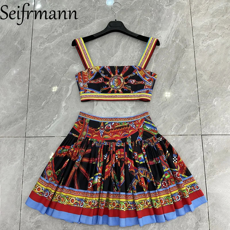 Seifrmann Casual printed cotton two-piece square neck sleeveless top high waist skirt suit 2026 autumn women's new style - Shellss