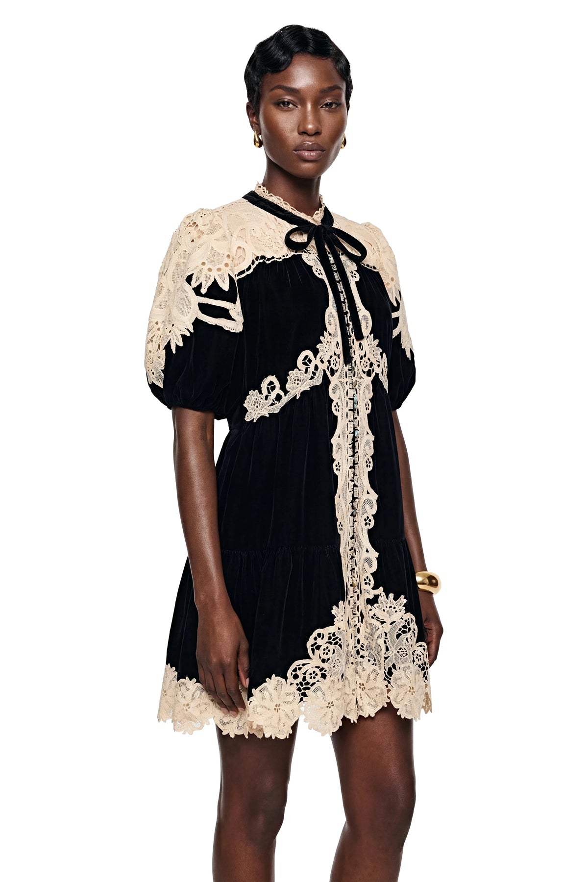 Customized Black Velvet Mini Dress Beige Crochet Lace Patchwork Puff Sleeve Bow Tie Neck Vintage Short Dress Elegant Party Dress - Shellss