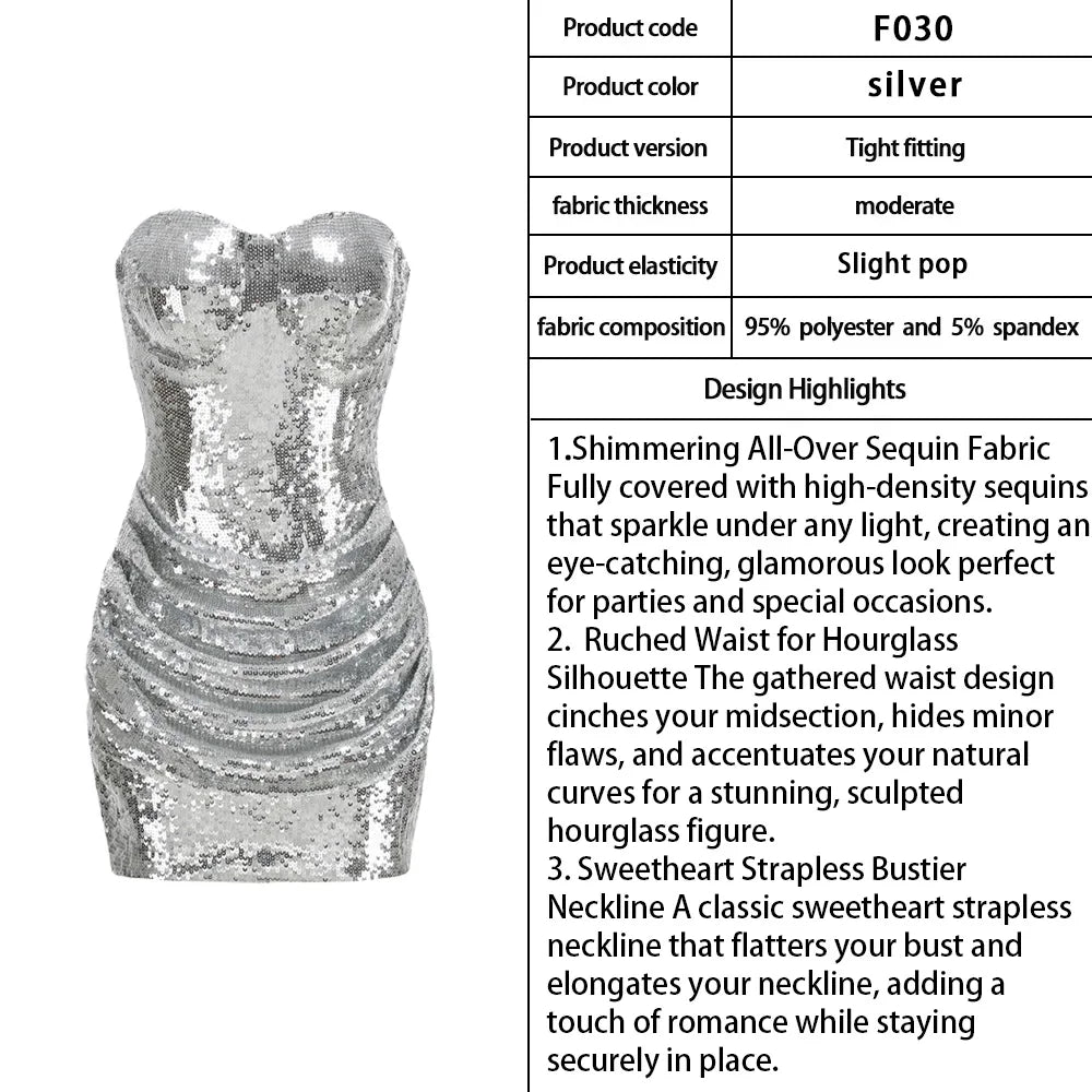 New Silver Sequined Strapless Dress with Fish Bones Waist Cinching Folded Hips Short Skirt Slim Fit Sexy Party Evening Dress