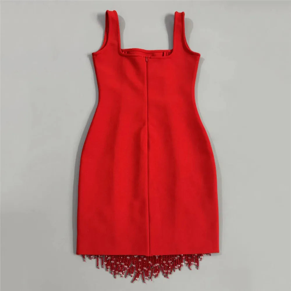 New sexy sleeveless diamond studded mid length dress, beaded tassel bandage dress, dance party dinner dress, short mini skirt