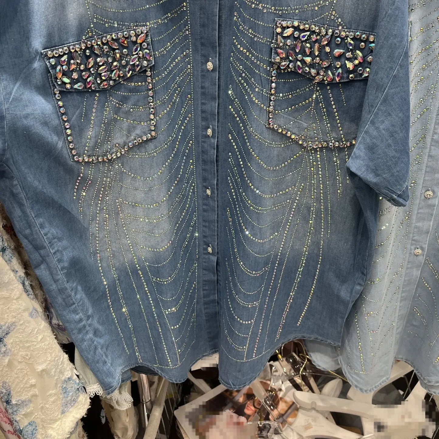 Exquisite Rhinestone Short Sleeve Denim Shirt