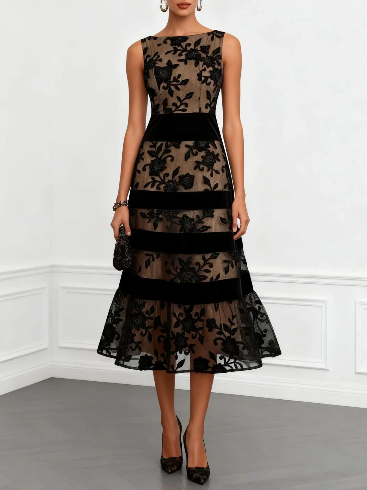 2026 Black Mesh Maxi Dress Women Sleeveless Flocking Jacquard Splicing Slim Dress Y2K Slim Fits High Waist Dress Vestidos