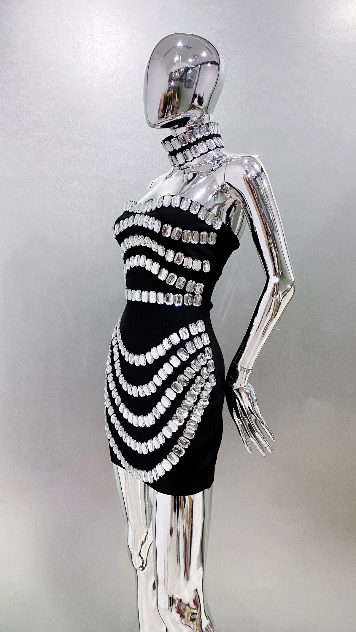 Sparkly Big Crystal Women Sexy Strapless Bodycon Mini Bandage Dress Necklace Celebrate Nightclub Party Photo Shoot Wear