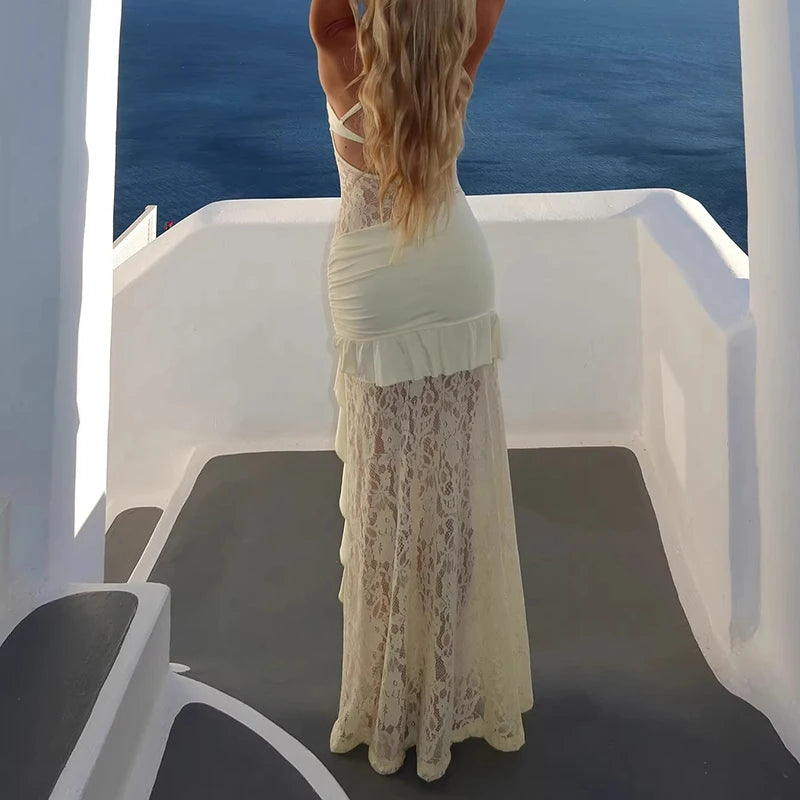 2026 Sexy Asymmetric Slimming Evening Dress Fashion Lace Patchwork Solid Color Women's Dress Elegant Lace Sleeveless Long Dress - Shellss