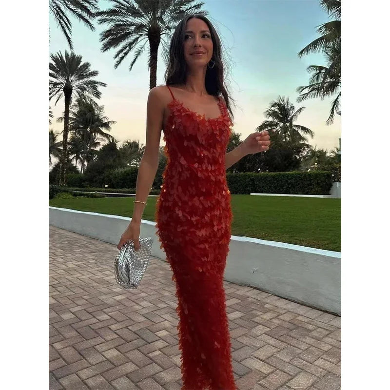 Sequin Deep V-neck Long Dress Women Chic Sleeveless Spaghetti Strap Backless Mermaid Robes Lady Sexy Evening New Party Dresses