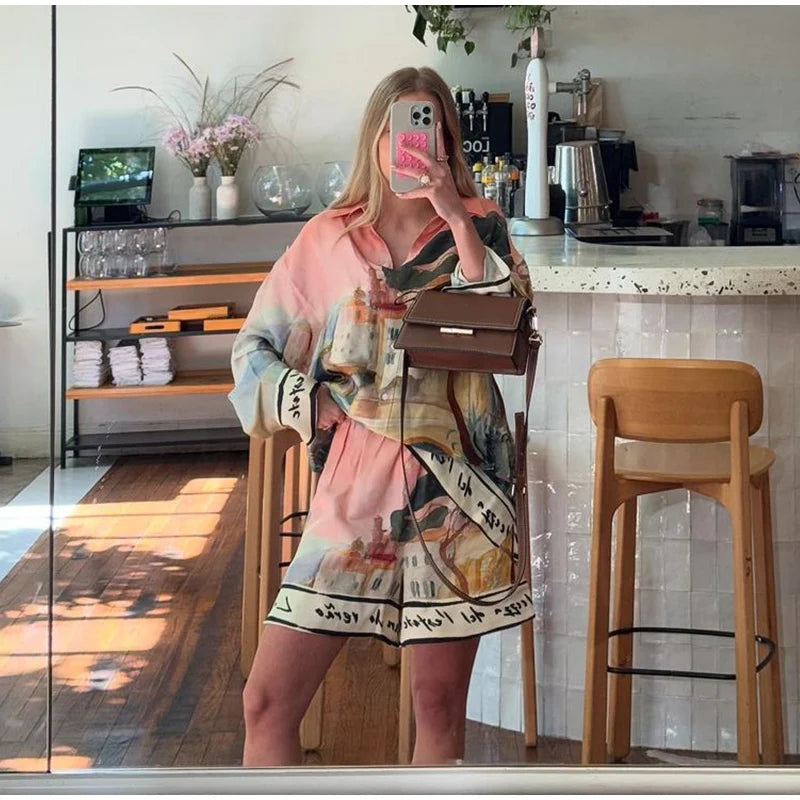 Fashion Printed 2 Piece Set Loose Lapel Button Long Sleeved Shirt Elastic Waist Shorts Suit 2025 Summer Autumn Beach Lady Set