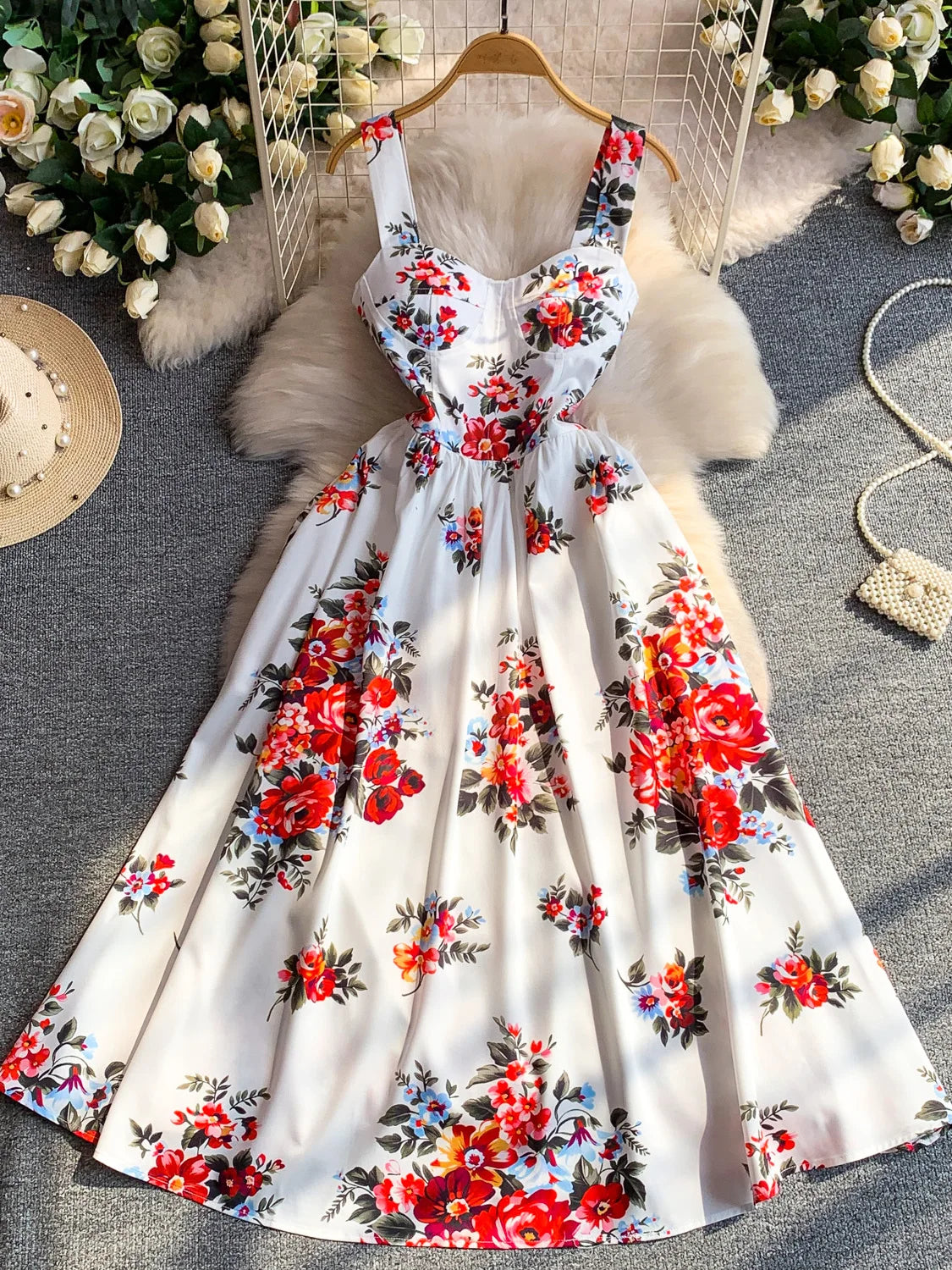 Retro Print Strapless Tube Dress Women's Summer Slimming A-Line Long Dress Court Style with Chest Pad Comfortable Breathable