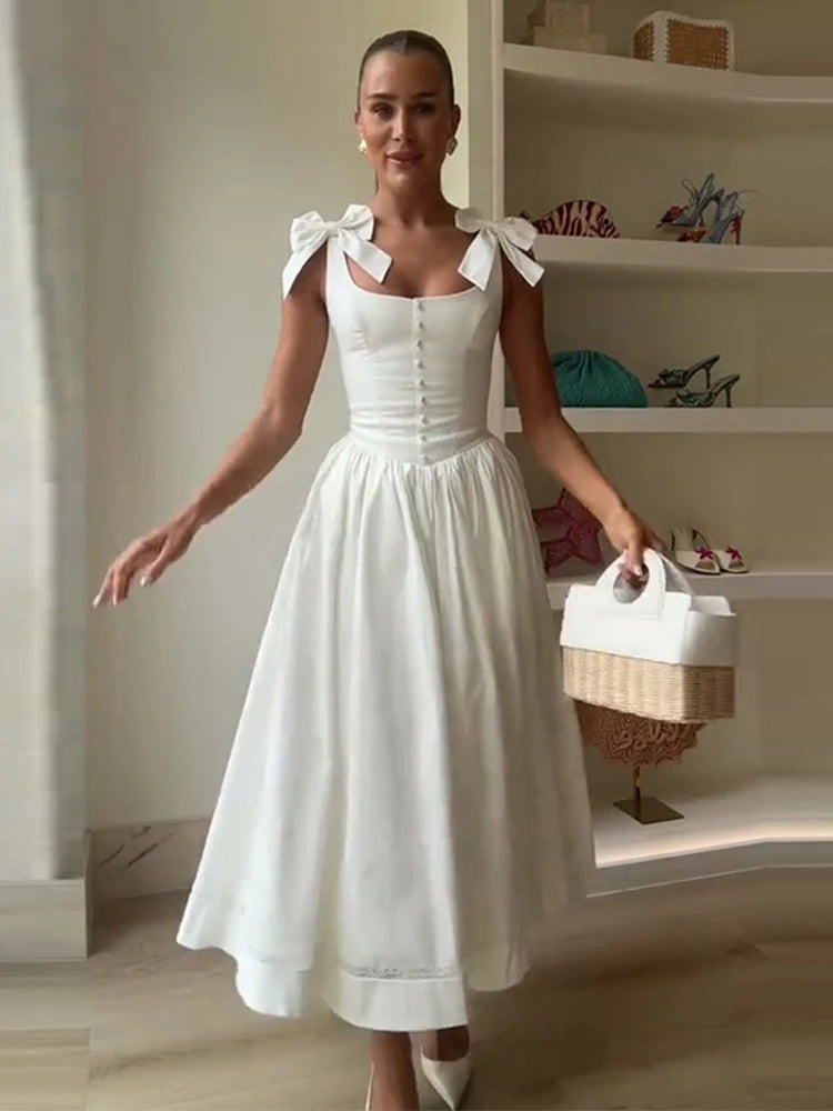 White Waist Cinching Vintage Midi Dress