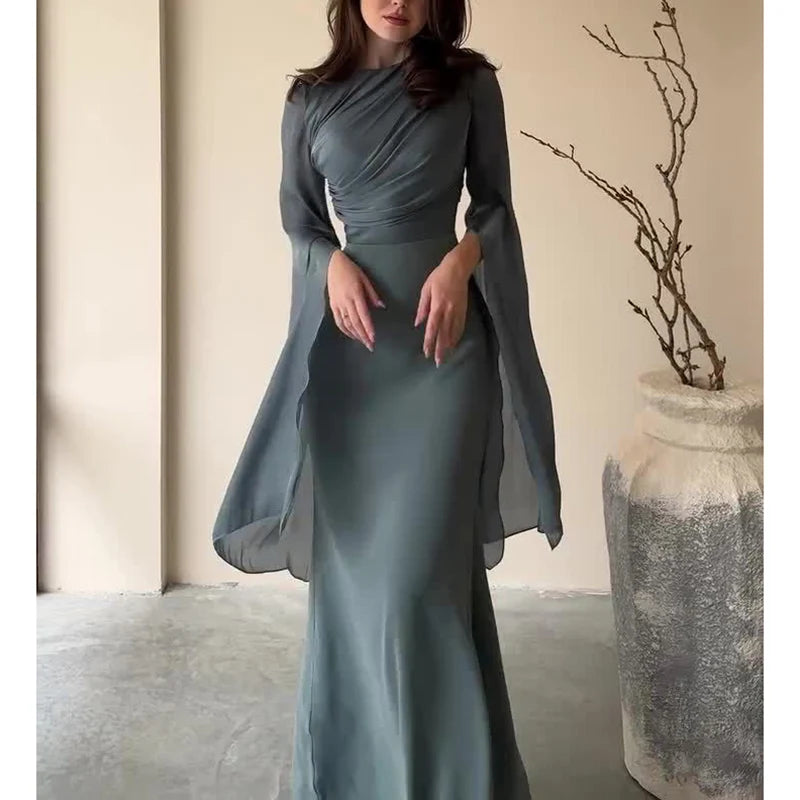 Fashion Satin Solid Robe Dress Ladies Temperament