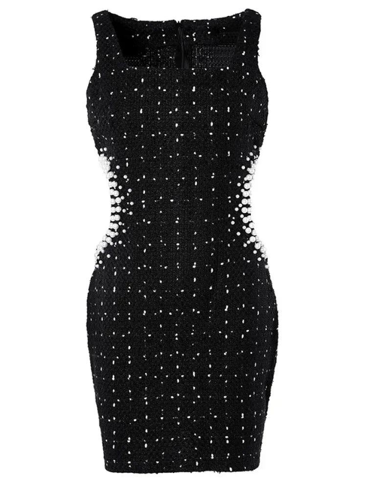 Women Elegant Beaded Design Cutout Slim Fit Party Evening Dress