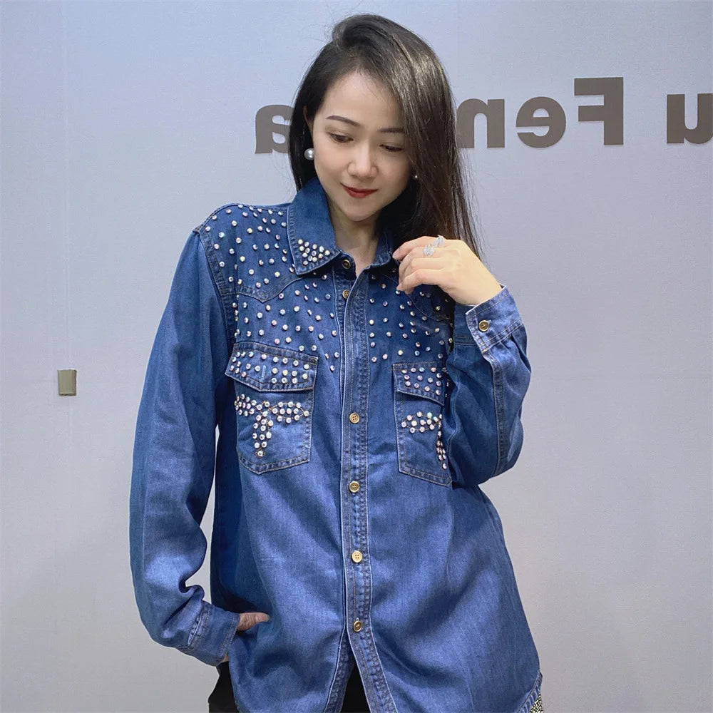 Diamonds Beaded Denim Shirts Rhinestones - Shellss