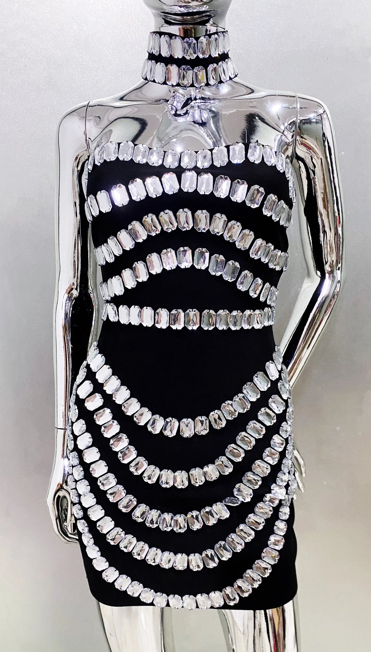 Sparkly Big Crystal Women Sexy Strapless Bodycon Mini Bandage Dress Necklace Celebrate Nightclub Party Photo Shoot Wear