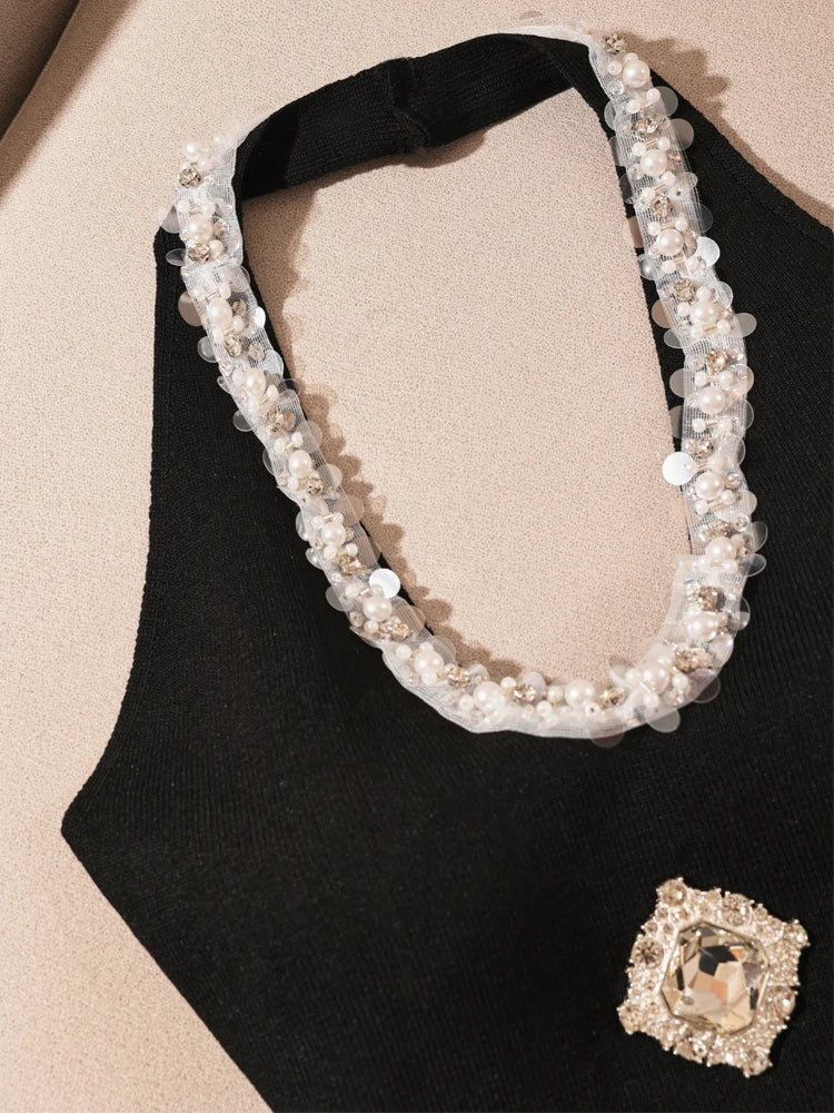 Heavy-Embroidered Diamond Backless Hanging Neck  Strap Vest Women Summer Slim Fit Short Spicy Sleeveless Black Top Women