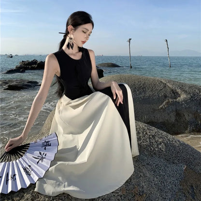 French Contrasting Color Patchwork Dress