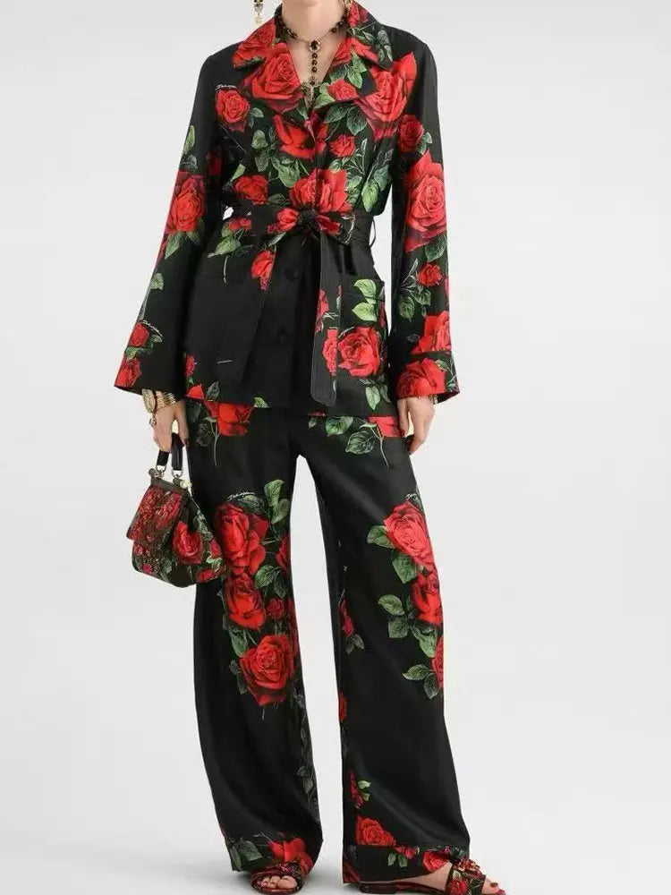 Autumn Fashion Printed Satin Two-Piece Pants Long-Sleeved Lace-Up Shirt Jacket Elastic Waist Wide-Leg Pants Home Wear Women's Su - Shellss