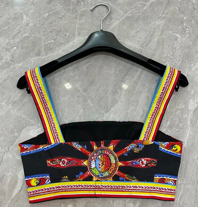 Seifrmann Casual printed cotton two-piece square neck sleeveless top high waist skirt suit 2026 autumn women's new style - Shellss