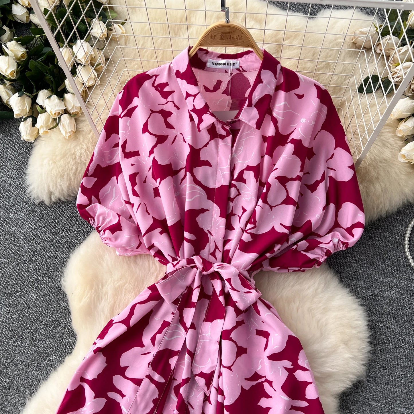 Vintage Satin Floral Pink Red