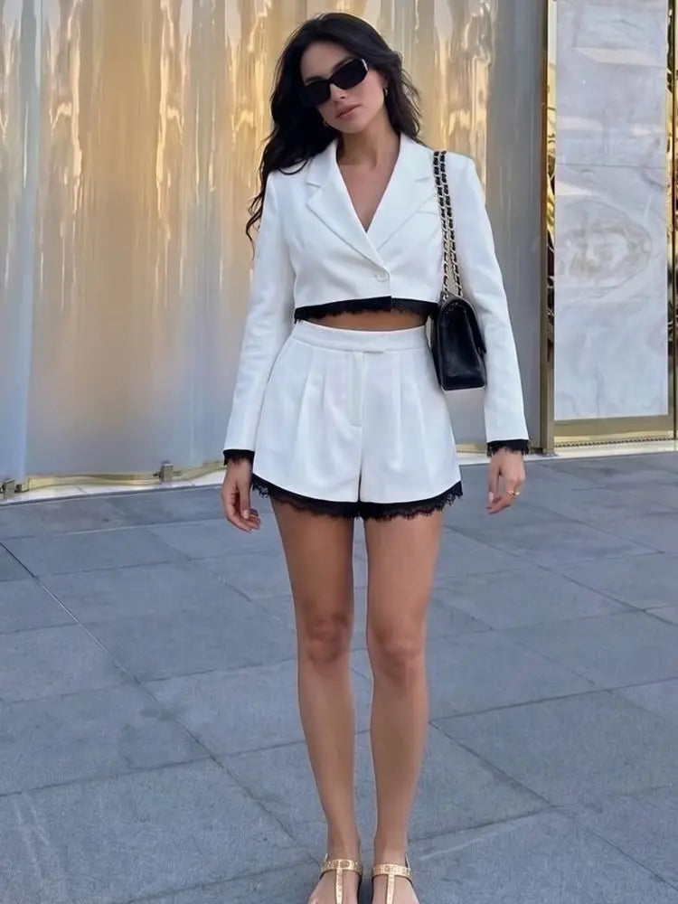 Zara Lace Trim Cropped Blazer Set