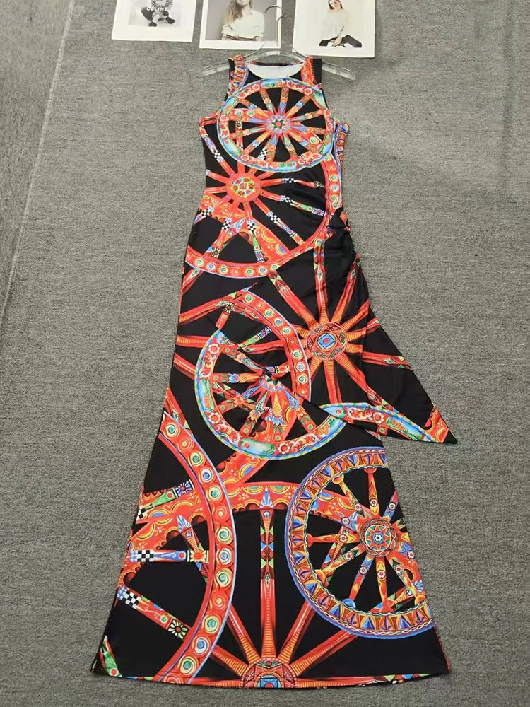Designer retro geometric print knitted sleeveless sundress 2026 summer women's fashion fashion smocked straps hip-covering dress - Shellss