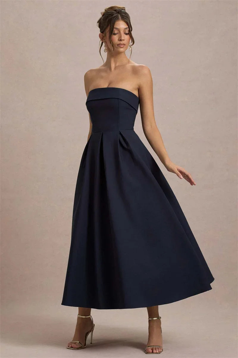 Off-shoulder Strapless Sexy Midi Dress Women Fashion Elegant Sleeveless Backless High Waist A-line Club Party Dress New - Shellss