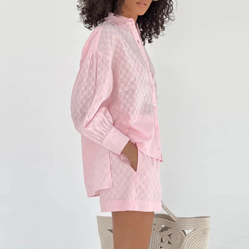 Elegant Jacquard Solid Color Shirt & Shorts Two-Piece Set