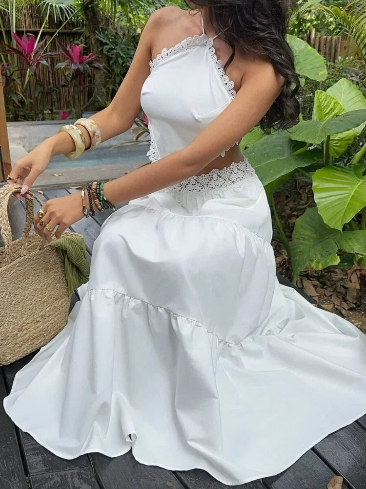 White Lace Halter Triangle Top & Skirt