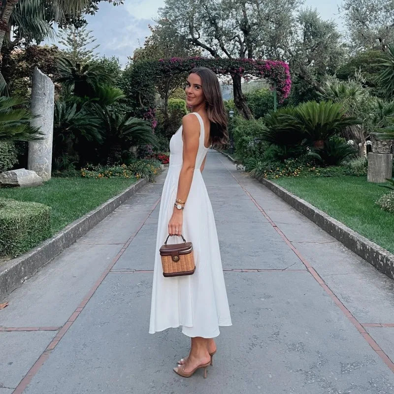 JULISSA MO Sexy Square Collar Women Maxi Dress White Spaghetti Strap High Waist Dress Female Summer Slim Elegant Party Clubwear - Shellss