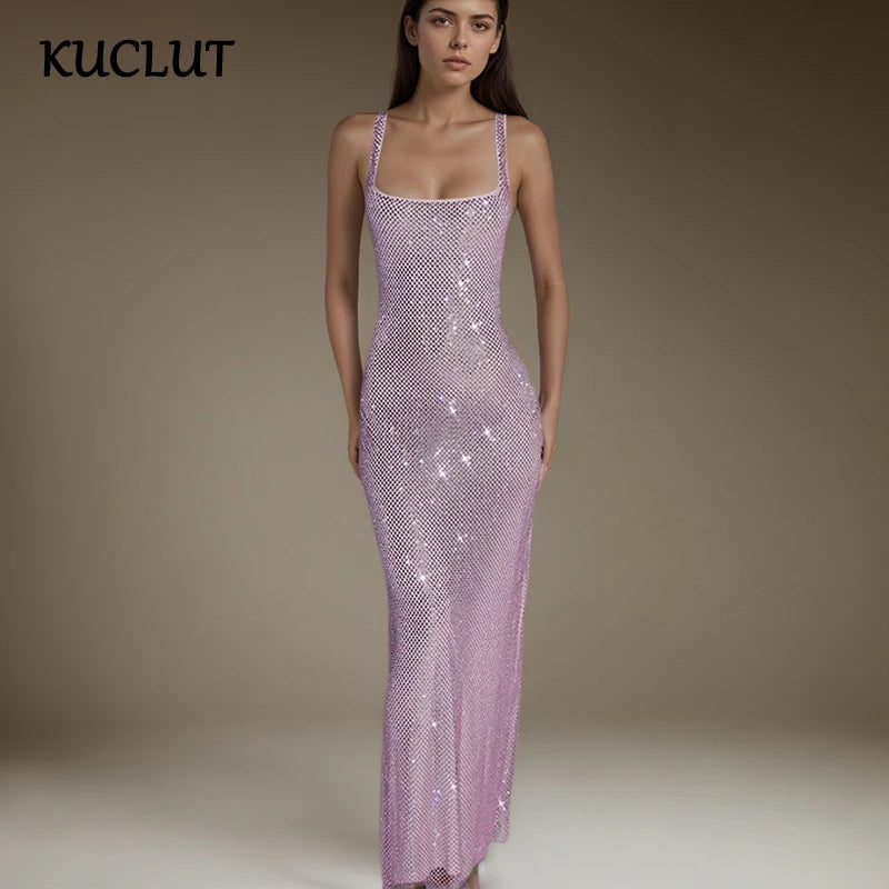 KUCLUT Fashion Shoulder Strap Sequin Mesh Diamond Suspender Dress For Women Temperament Evening Party Dresses Female 1A179