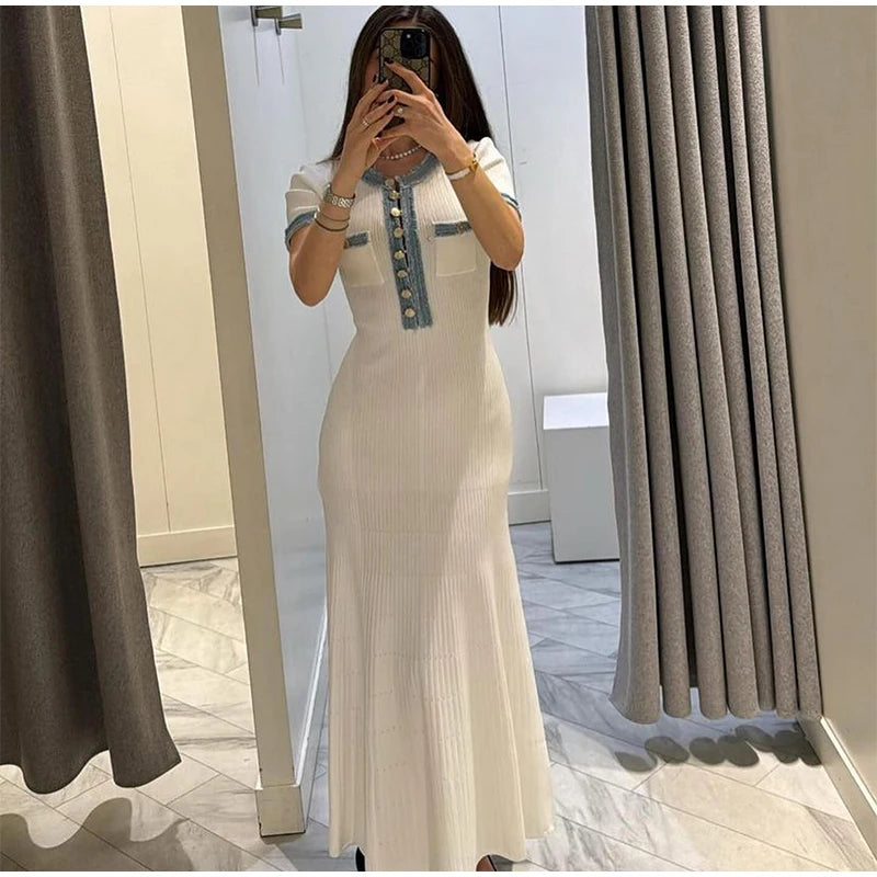 Elegant Denim Patchwork Knitted Long Dress