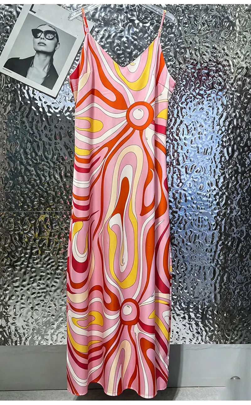 Sexy Summer Women's New Satin Elegant Dress V-Neck Thin Shoulder Strap Geometric Printing Suspenders Elegant Party Holiday Dress