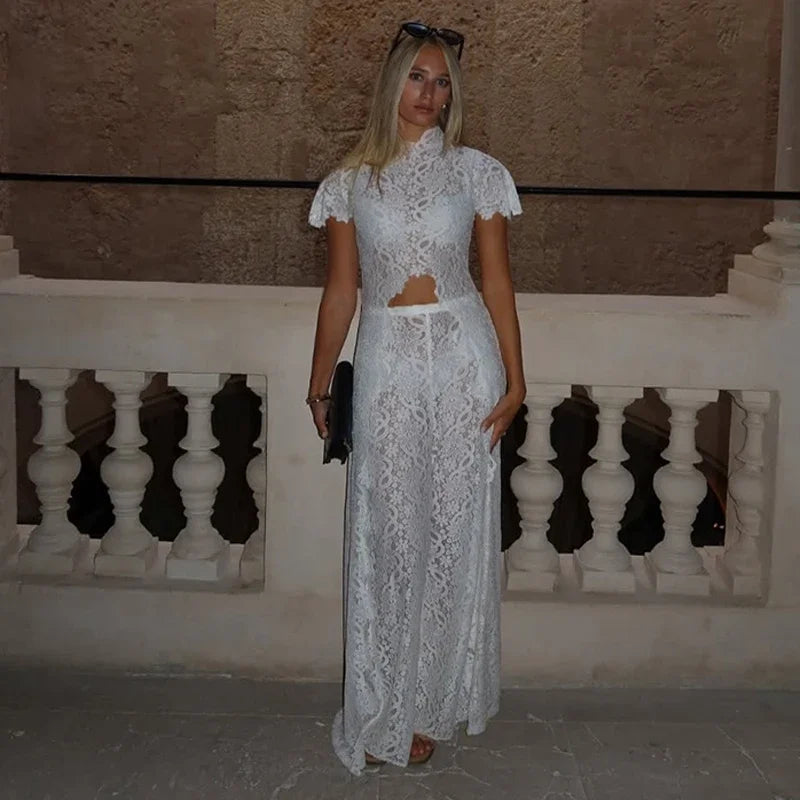 Casual Lace Long Coats Pant Set Women Solid See Through Tops Long Straight Pants Sets Female 2026 Spring Summer Lady Suits