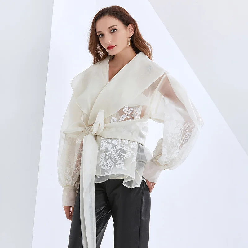 Embroidered Lapel Blouse