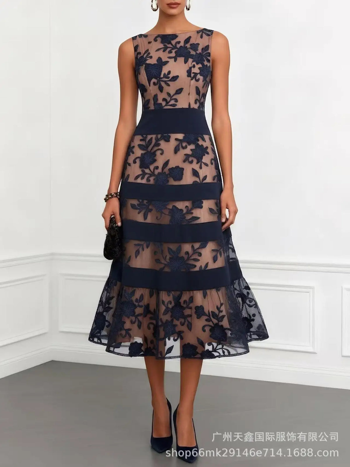 2026 Black Mesh Maxi Dress Women Sleeveless Flocking Jacquard Splicing Slim Dress Y2K Slim Fits High Waist Dress Vestidos