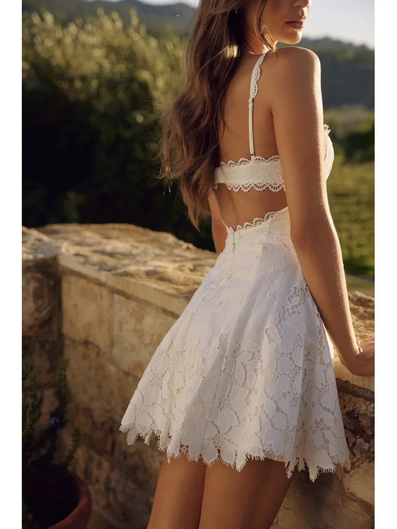 Elegant Backless Lace Trim Embroidery Mini