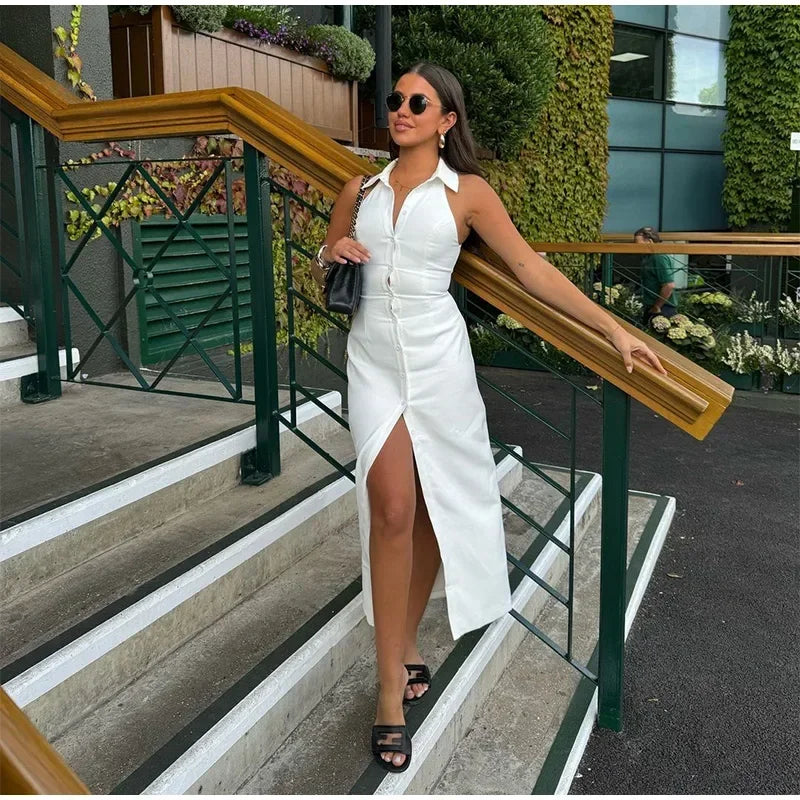 HalterNeck Collar White Shirt Dress
