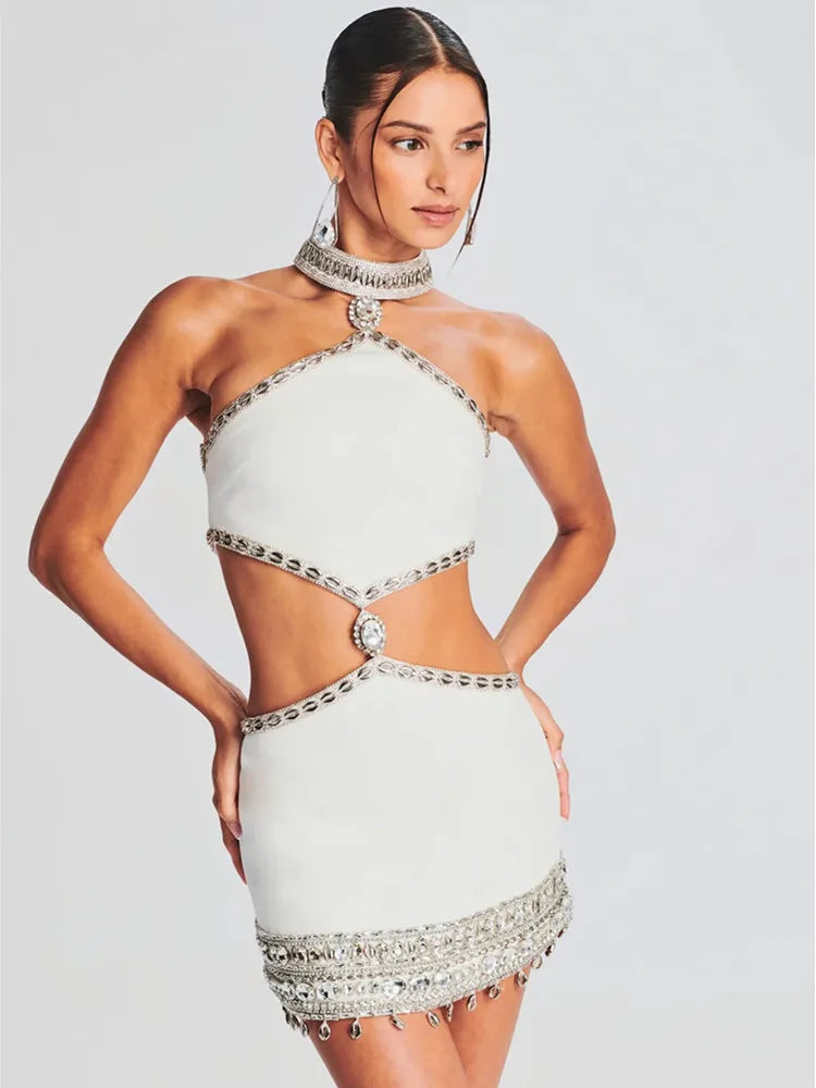 Women Celebrity Luxury  Cut Out Halter White Diamonds Crystal Mini Bodycon Bandage