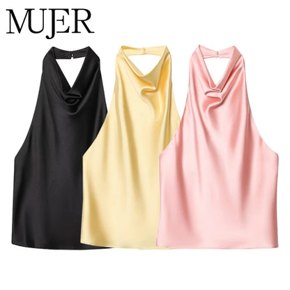 SS25 Halter Satin backless Tops