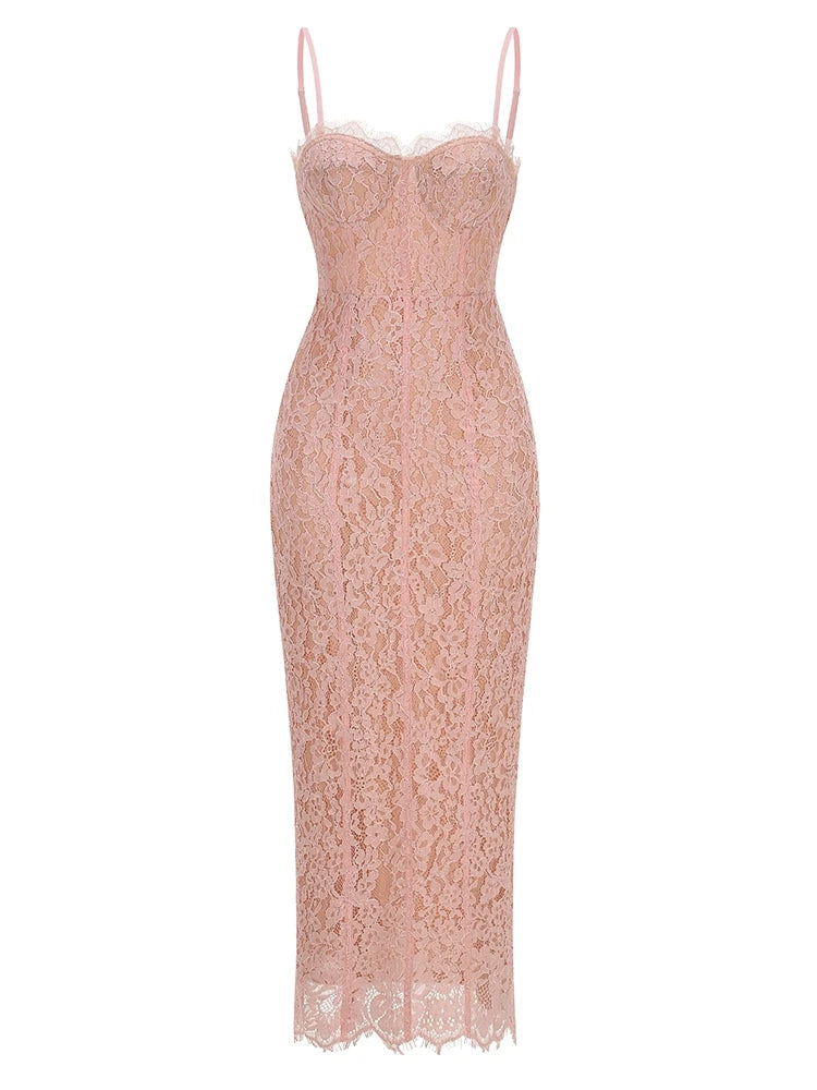 Sexy Spaghetti Strap V Neck Lace Long Dress Women Black Floral Lace Sleeveless Bodycon Dresses Elegant Evening Celebrity Party - Shellss