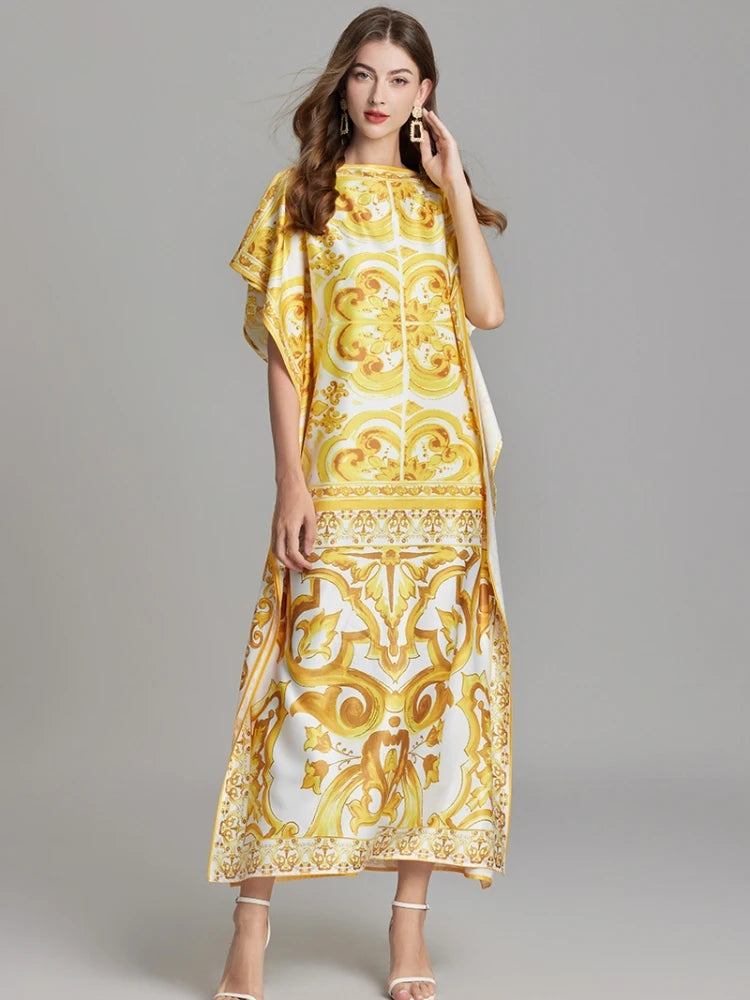 Summer Runway Vacation Yellow Batwing kaftans Dolce Dress - Shellss