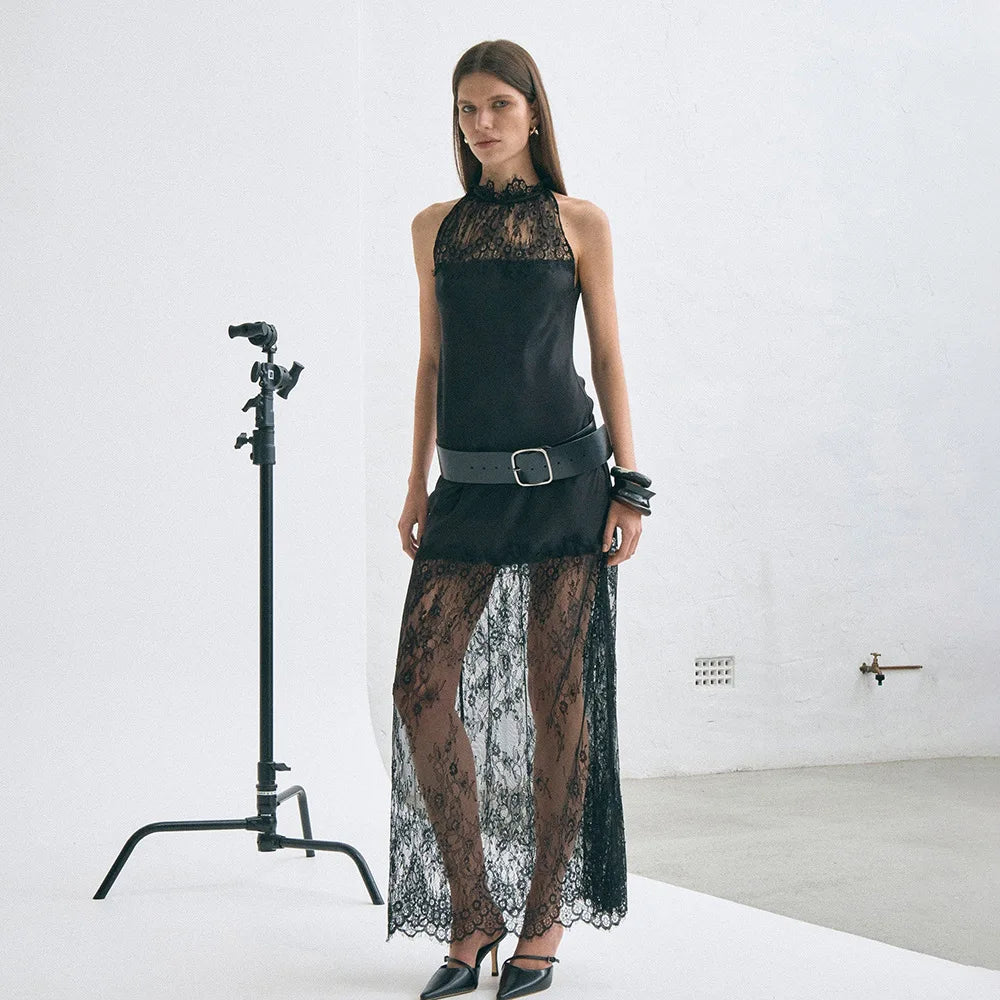 Satin lace long dress